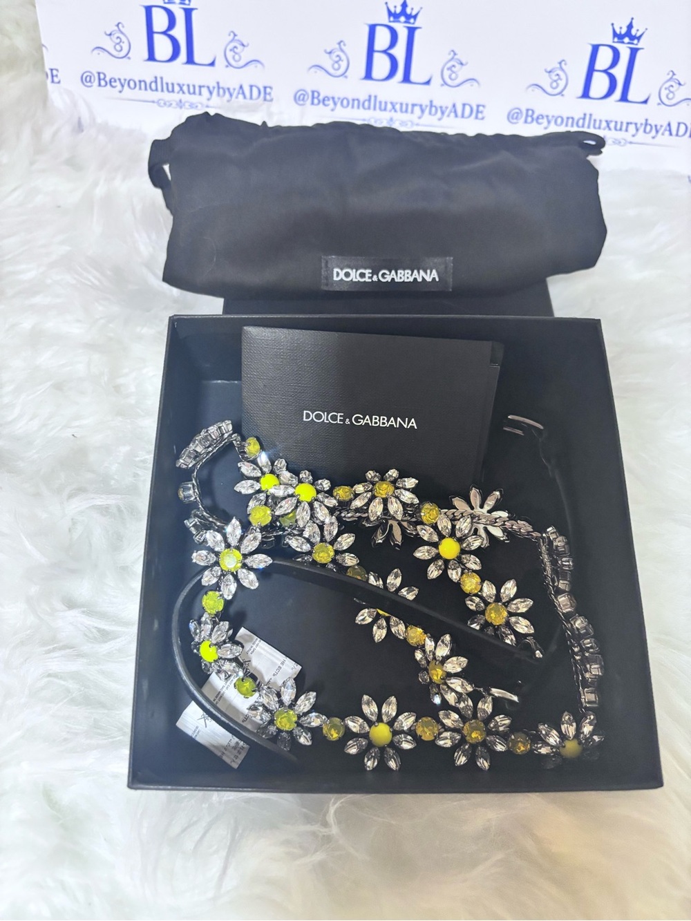 Dolce & Gabbana Black belt with Yellow and Clear Crystal Flowers embellishments.